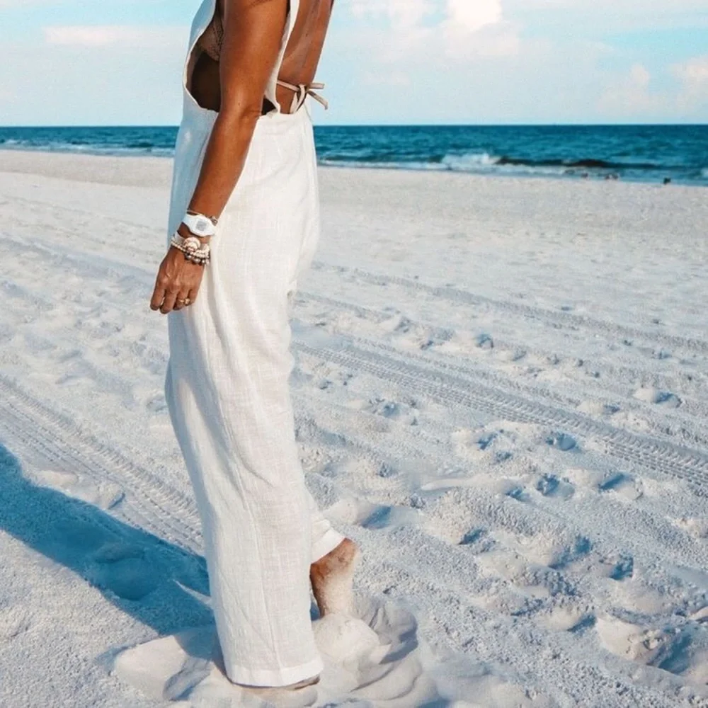 9seed Latigo Cropped White Linen Overalls Onesie Jumpsuit - Picture 4 of 4